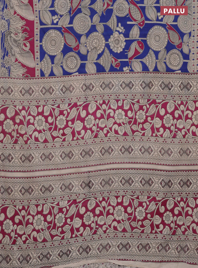 Kalamkari cotton saree blue and magenta pink with allover prints and printed border