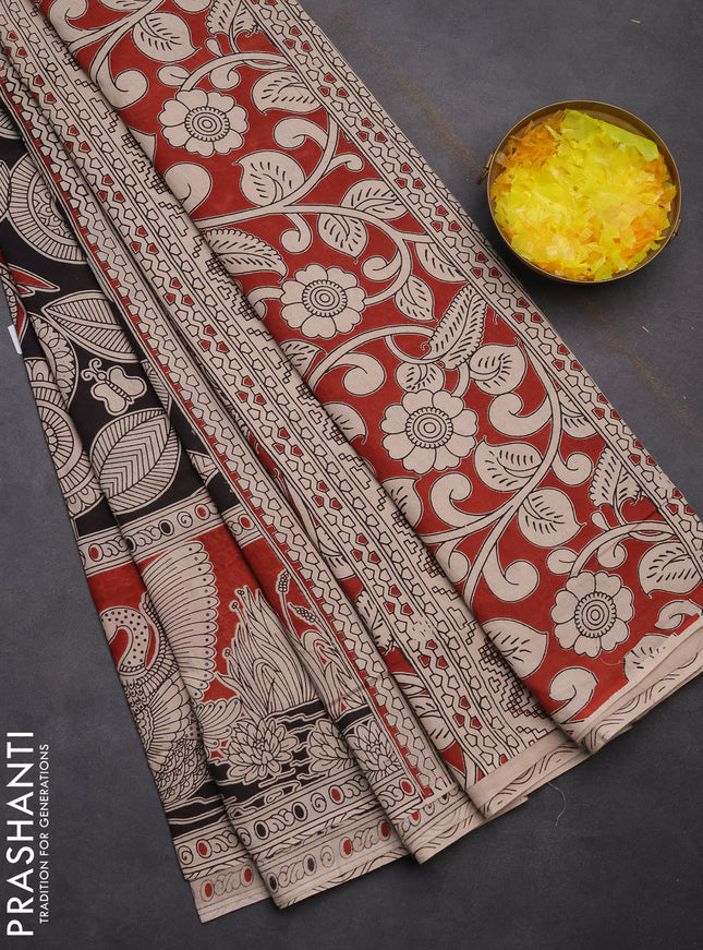 Kalamkari cotton saree black and maroon with allover prints and printed border