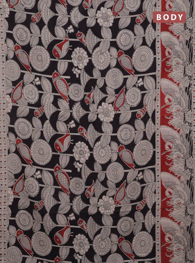 Kalamkari cotton saree black and maroon with allover prints and printed border