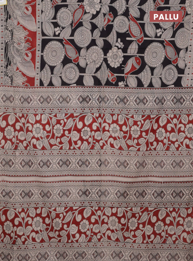Kalamkari cotton saree black and maroon with allover prints and printed border