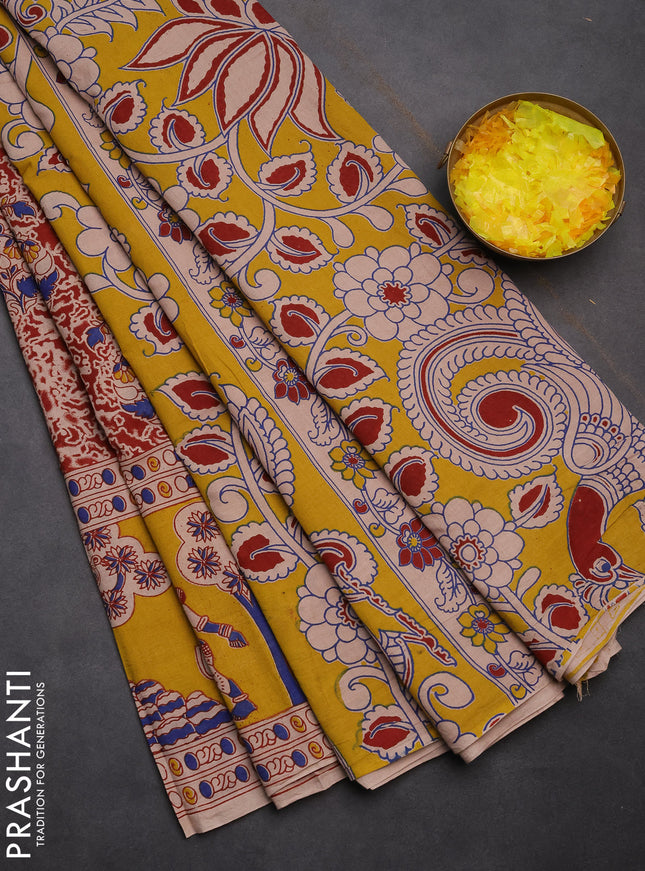 Kalamkari cotton saree maroon and yellow with allover prints and printed border