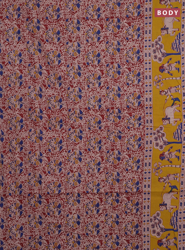 Kalamkari cotton saree maroon and yellow with allover prints and printed border