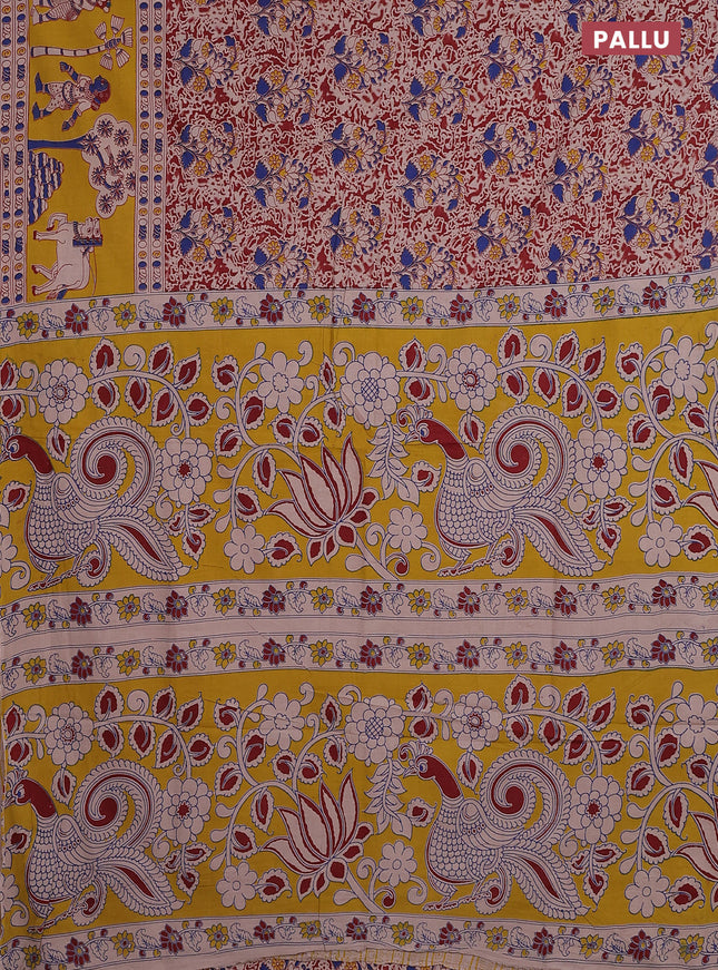 Kalamkari cotton saree maroon and yellow with allover prints and printed border
