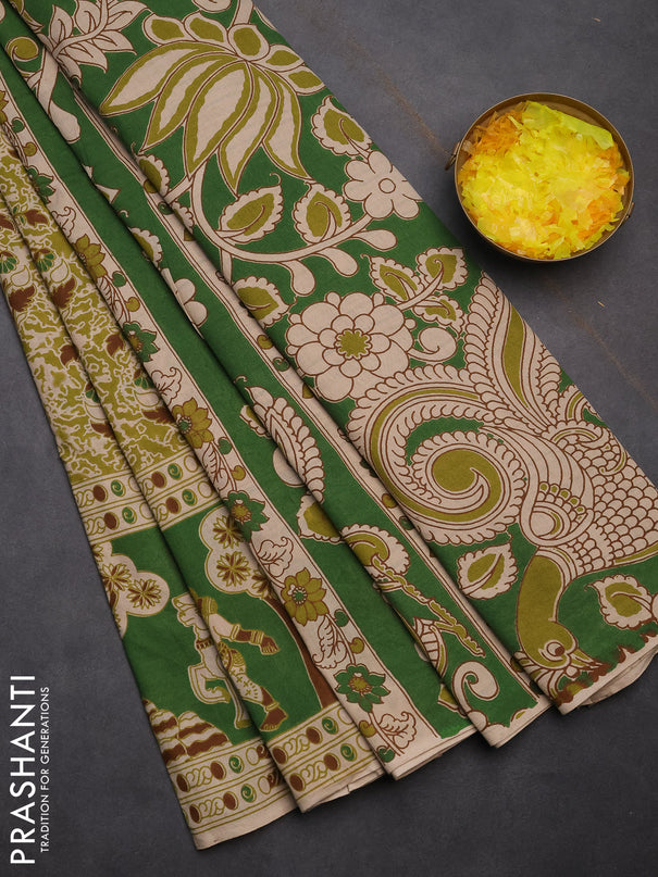 Kalamkari cotton saree light green and green with allover prints and printed border