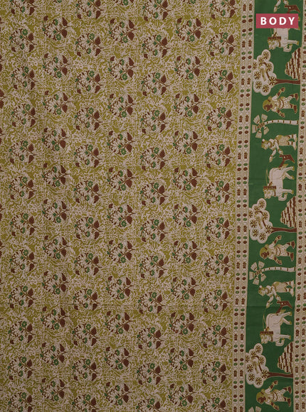 Kalamkari cotton saree light green and green with allover prints and printed border