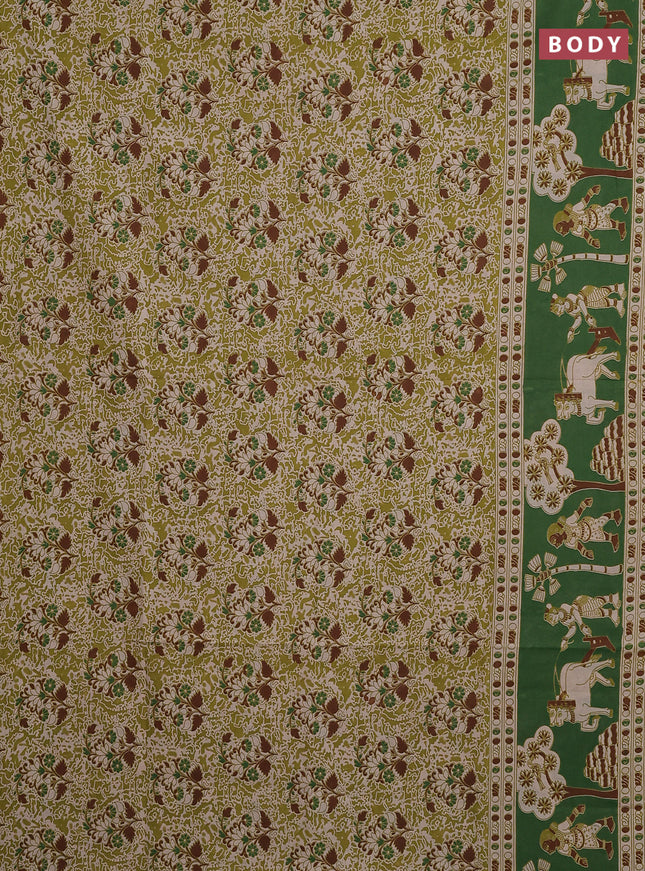 Kalamkari cotton saree light green and green with allover prints and printed border