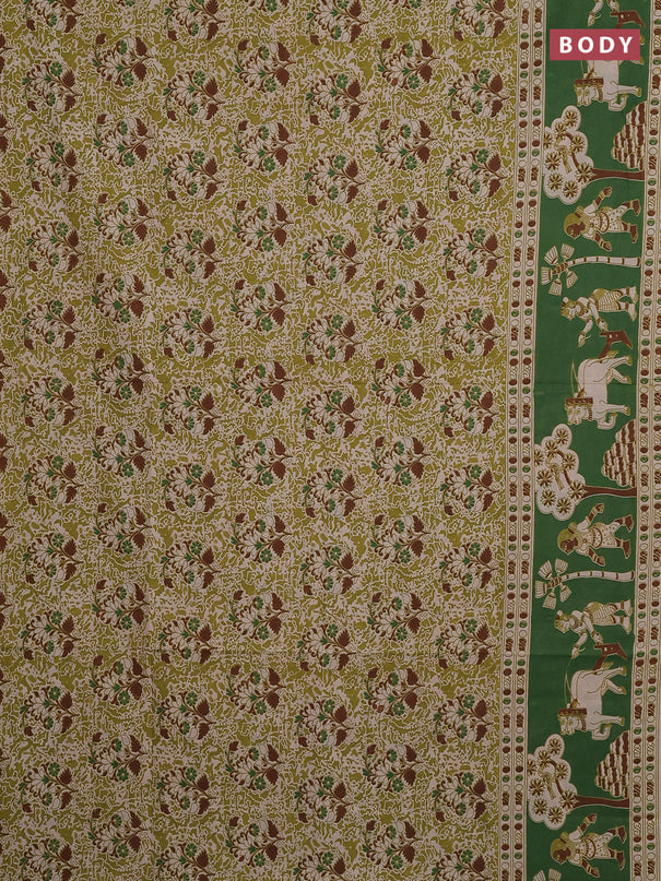 Kalamkari cotton saree light green and green with allover prints and printed border