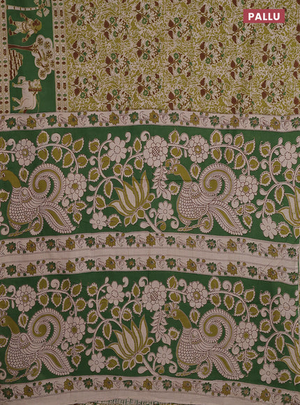 Kalamkari cotton saree light green and green with allover prints and printed border