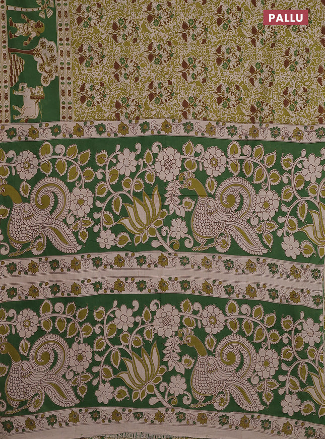 Kalamkari cotton saree light green and green with allover prints and printed border