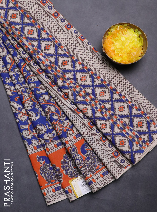 Kalamkari cotton saree blue and orange with allover prints and printed border