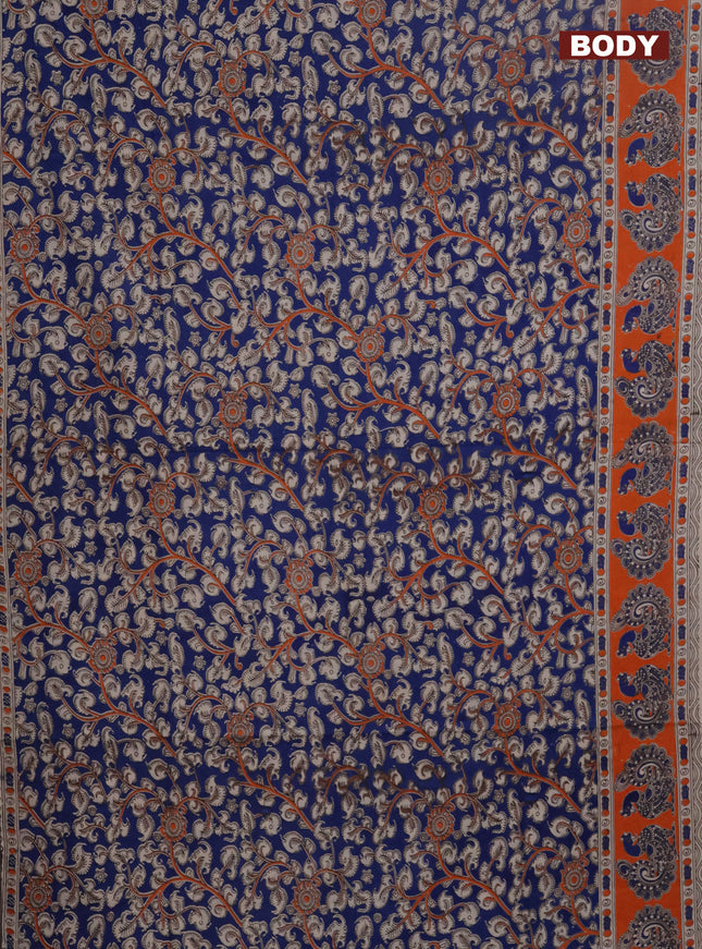 Kalamkari cotton saree blue and orange with allover prints and printed border