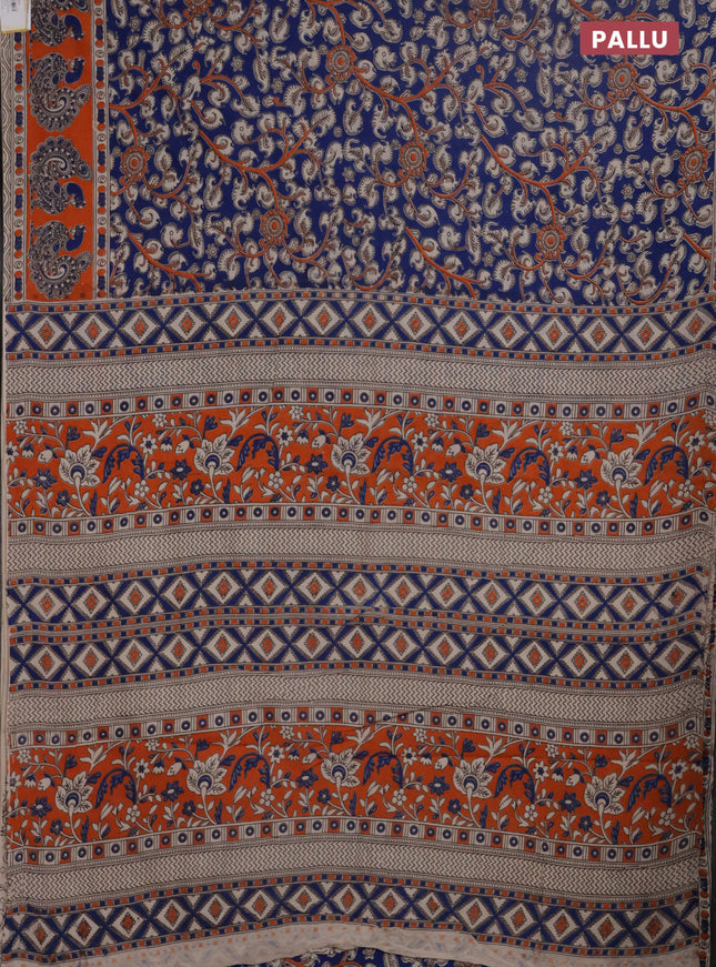 Kalamkari cotton saree blue and orange with allover prints and printed border