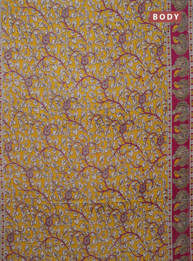 Kalamkari cotton saree yellow and magenta pink with allover prints and printed border