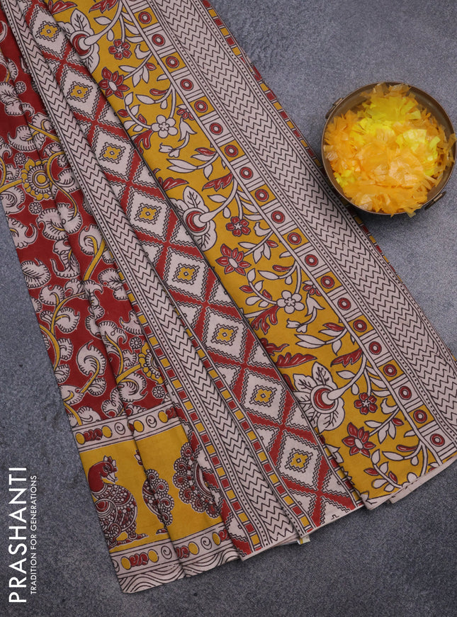 Kalamkari cotton saree maroon and yellow with allover prints and printed border