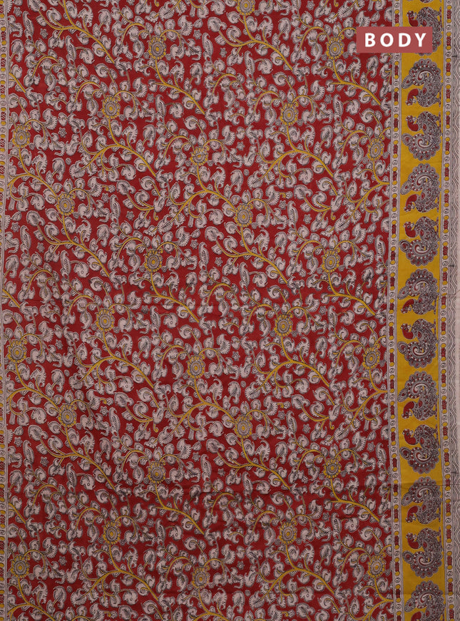 Kalamkari cotton saree maroon and yellow with allover prints and printed border