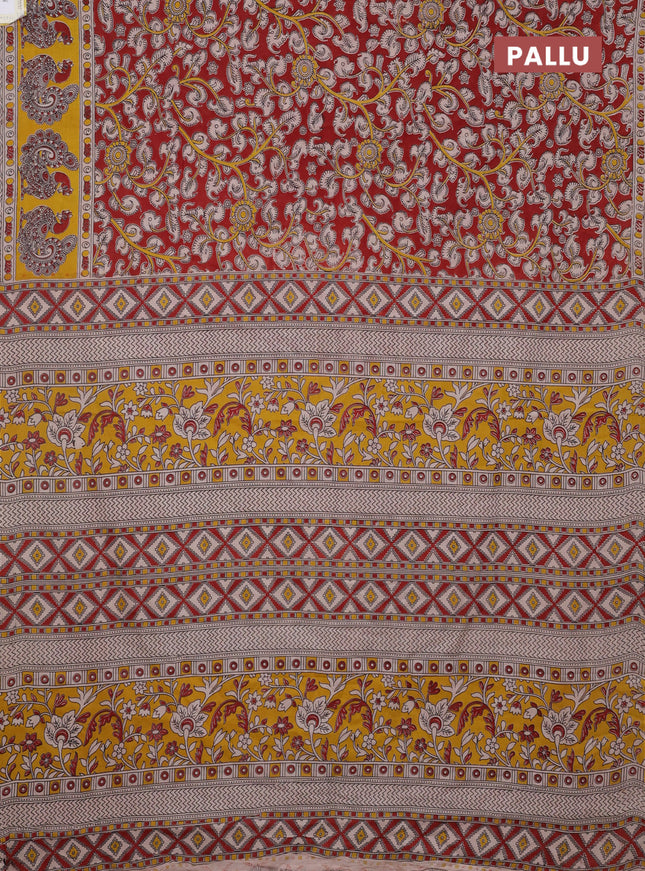 Kalamkari cotton saree maroon and yellow with allover prints and printed border