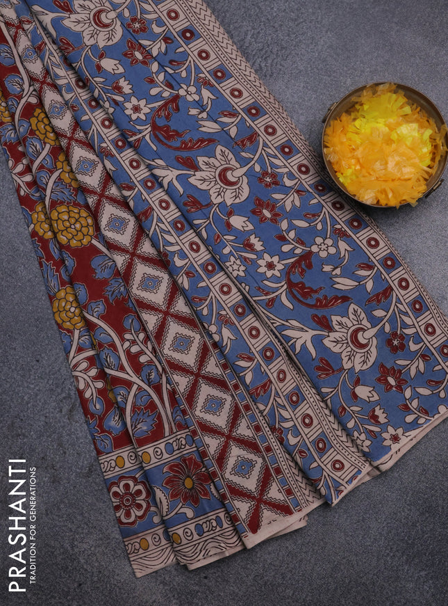 Kalamkari cotton saree maroon and blue with allover prints and printed border