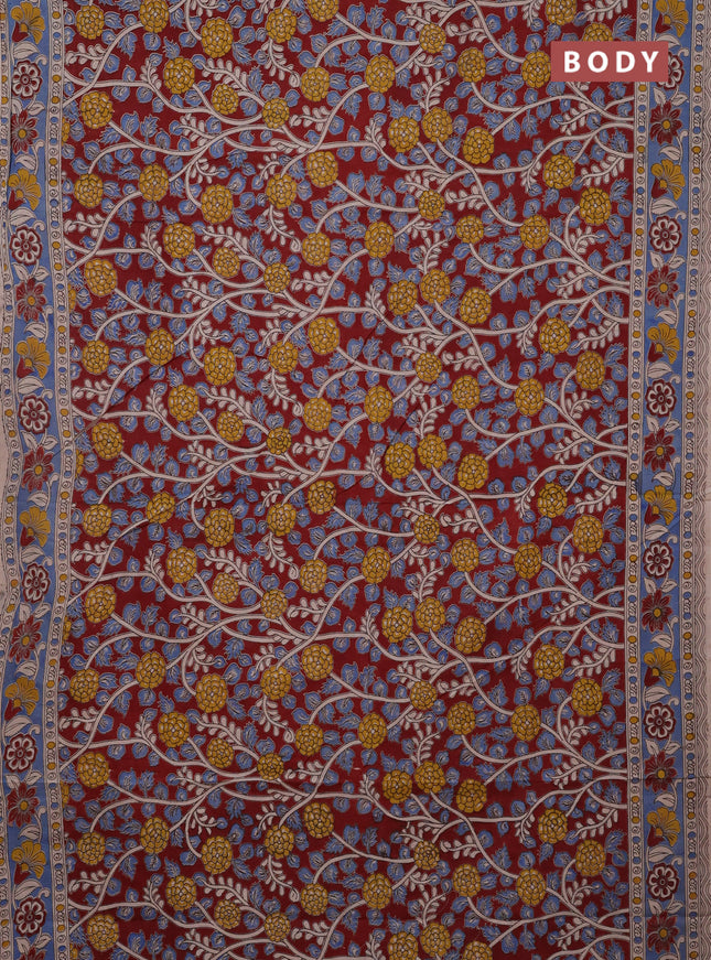 Kalamkari cotton saree maroon and blue with allover prints and printed border