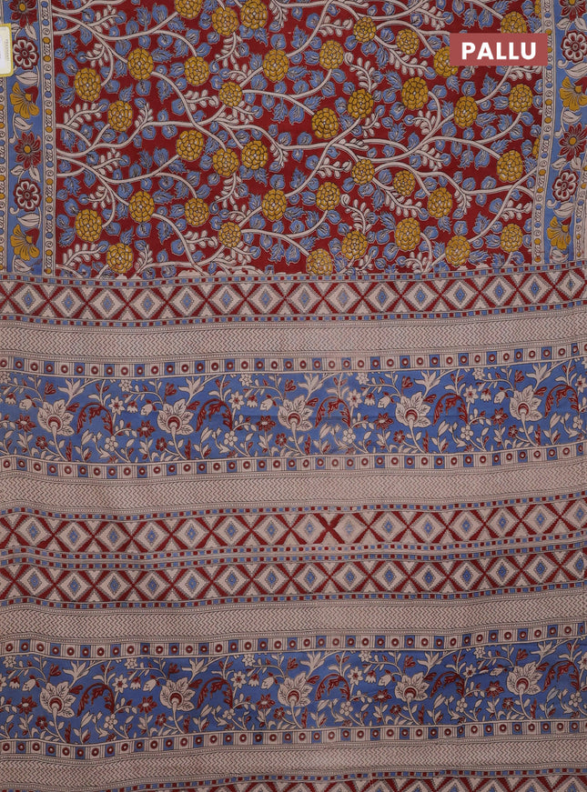 Kalamkari cotton saree maroon and blue with allover prints and printed border
