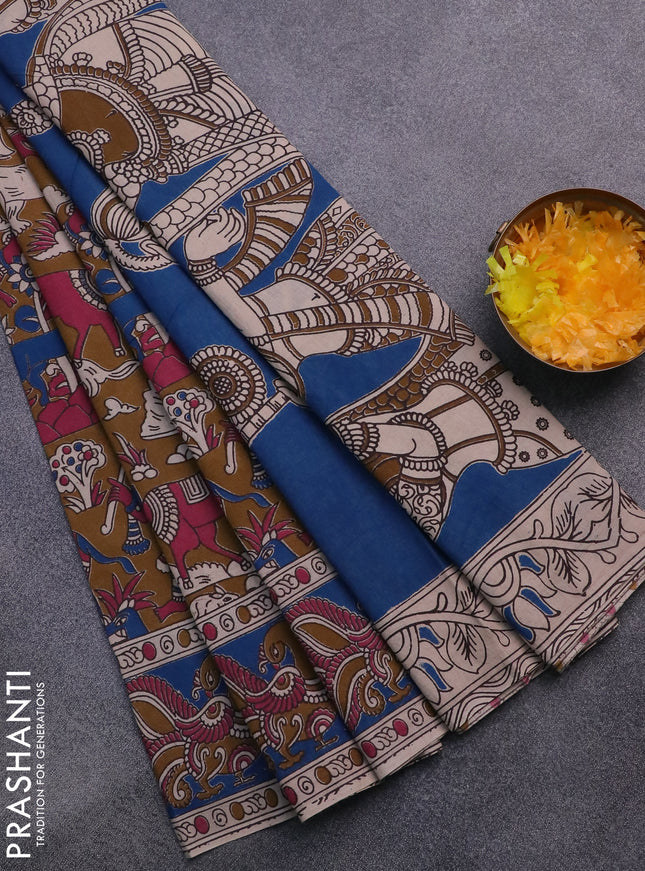 Kalamkari cotton saree brown shade and blue with allover prints and printed border