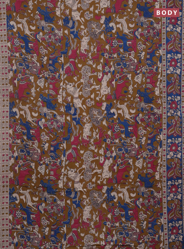 Kalamkari cotton saree brown shade and blue with allover prints and printed border
