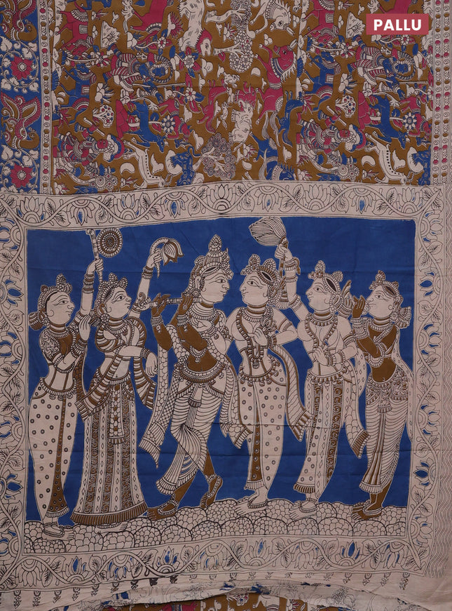 Kalamkari cotton saree brown shade and blue with allover prints and printed border