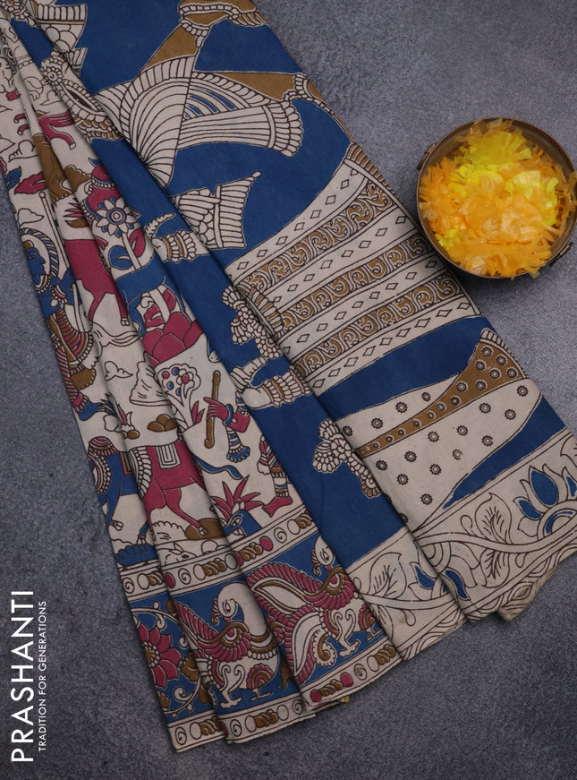 Kalamkari cotton saree beige and blue with allover prints and printed border