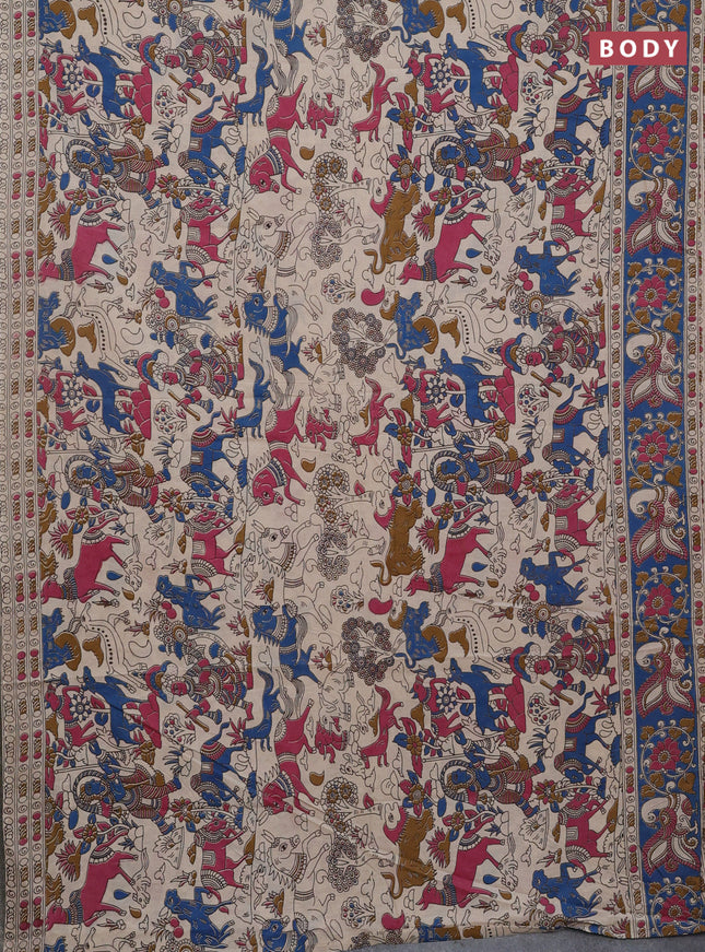 Kalamkari cotton saree beige and blue with allover prints and printed border