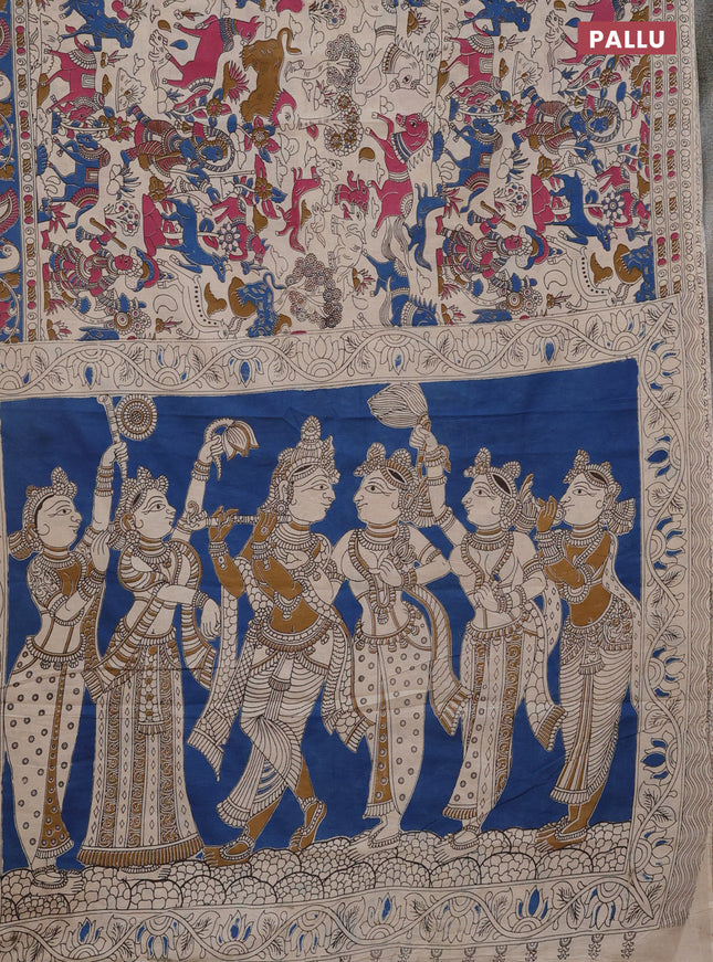 Kalamkari cotton saree beige and blue with allover prints and printed border
