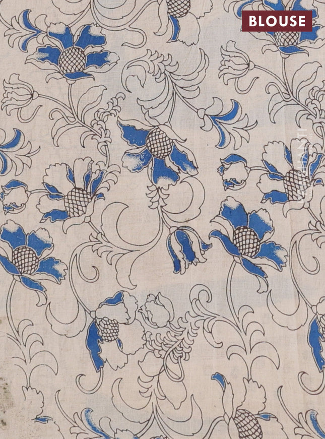 Kalamkari cotton saree beige and blue with allover prints and printed border