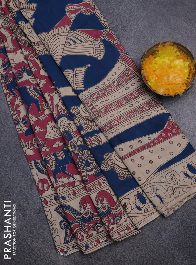 Kalamkari cotton saree pink and beige with allover prints and printed border
