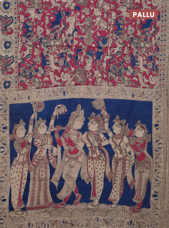 Kalamkari cotton saree pink and beige with allover prints and printed border