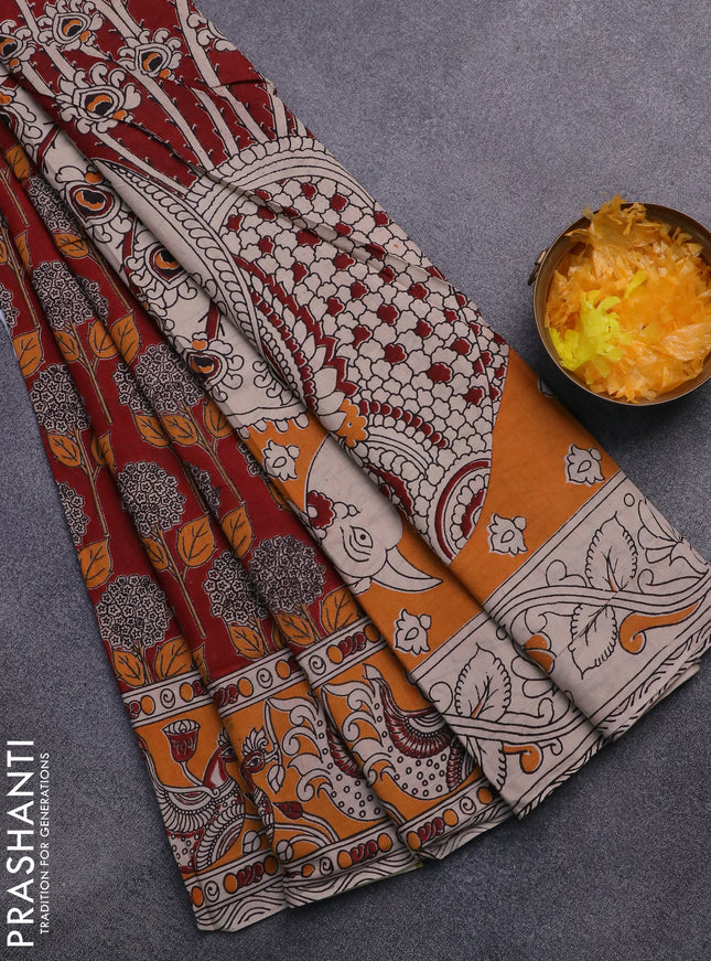 Kalamkari cotton saree maroon and orange with allover prints and printed border
