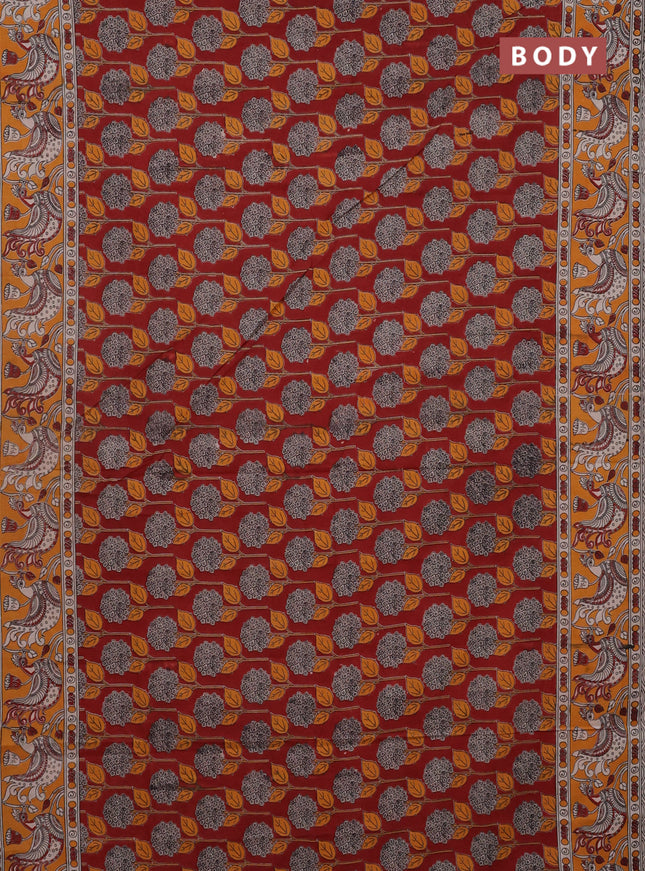 Kalamkari cotton saree maroon and orange with allover prints and printed border