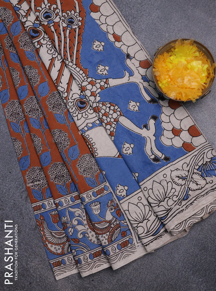 Kalamkari cotton saree rust shade and blue with allover prints and printed border