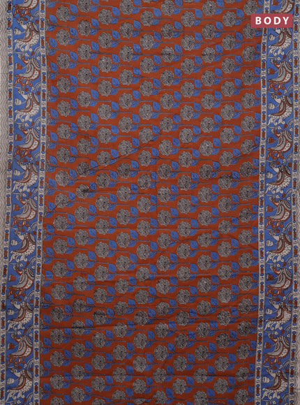 Kalamkari cotton saree rust shade and blue with allover prints and printed border