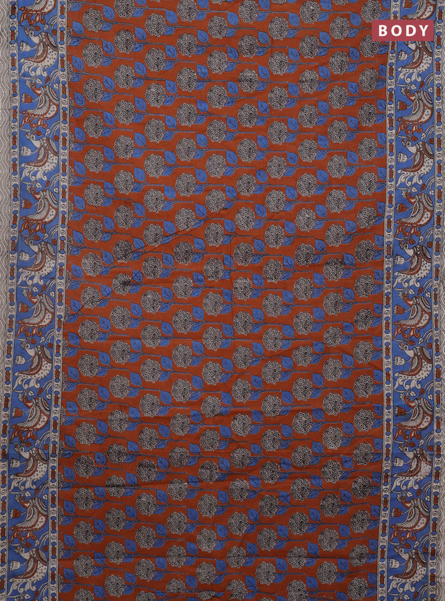 Kalamkari cotton saree rust shade and blue with allover prints and printed border