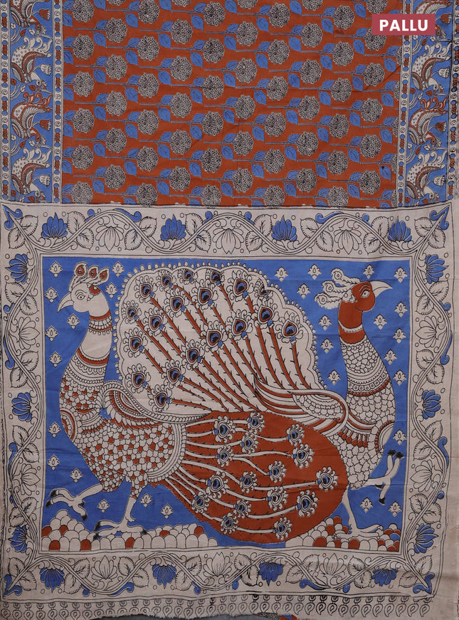 Kalamkari cotton saree rust shade and blue with allover prints and printed border