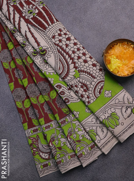 Kalamkari cotton saree maroon and light green with allover prints and printed border