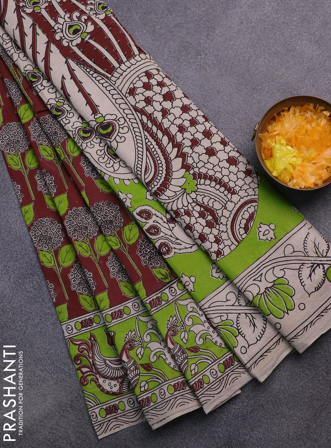 Kalamkari cotton saree maroon and light green with allover prints and printed border