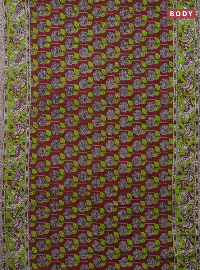 Kalamkari cotton saree maroon and light green with allover prints and printed border
