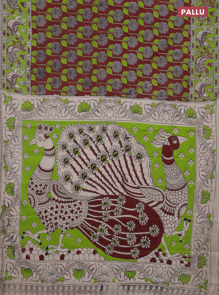 Kalamkari cotton saree maroon and light green with allover prints and printed border