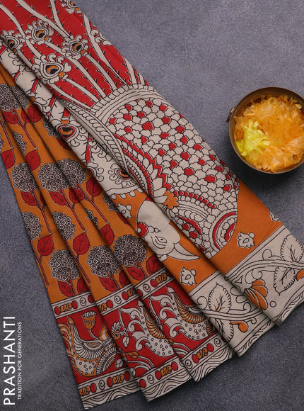 Kalamkari cotton saree orange and red with allover prints and printed border
