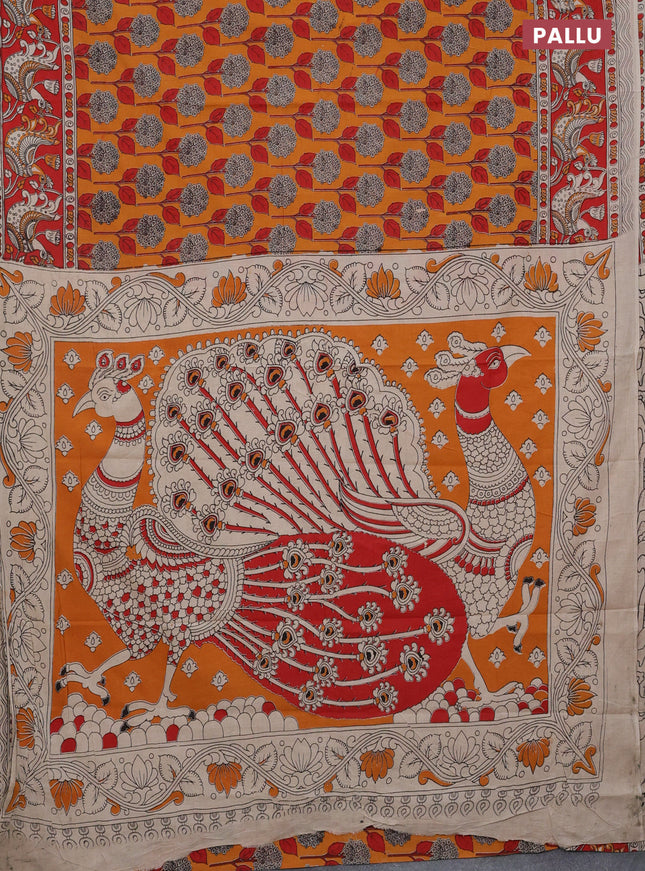 Kalamkari cotton saree orange and red with allover prints and printed border