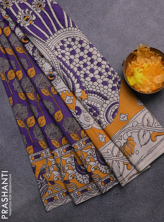 Kalamkari cotton saree violet and mango yellow with allover prints and printed border