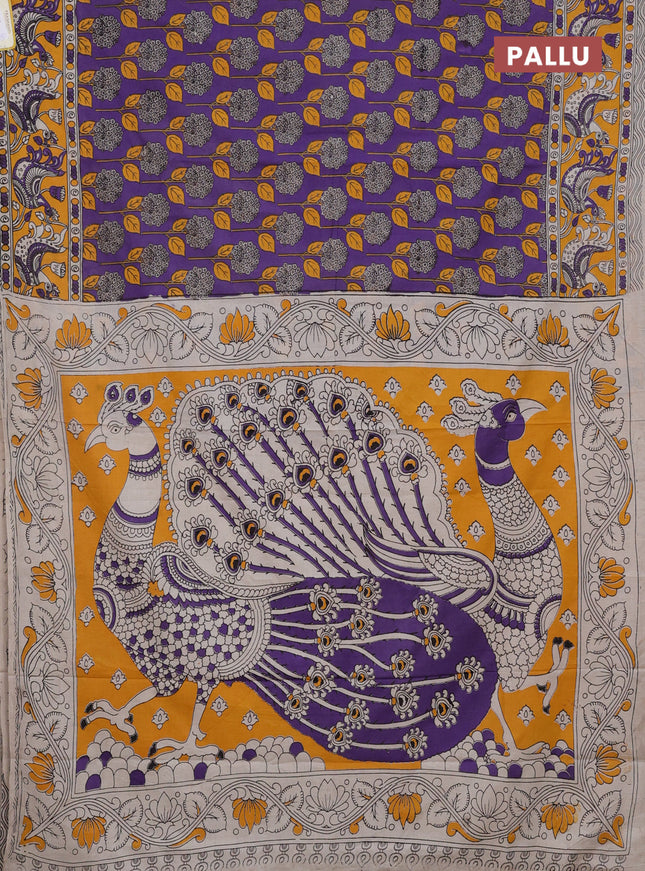 Kalamkari cotton saree violet and mango yellow with allover prints and printed border
