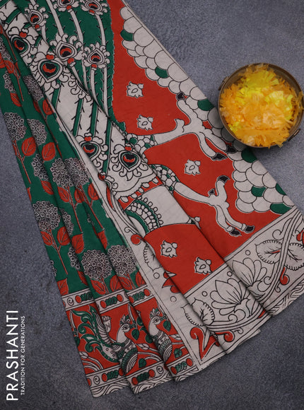 Kalamkari cotton saree green and orange with allover prints and printed border