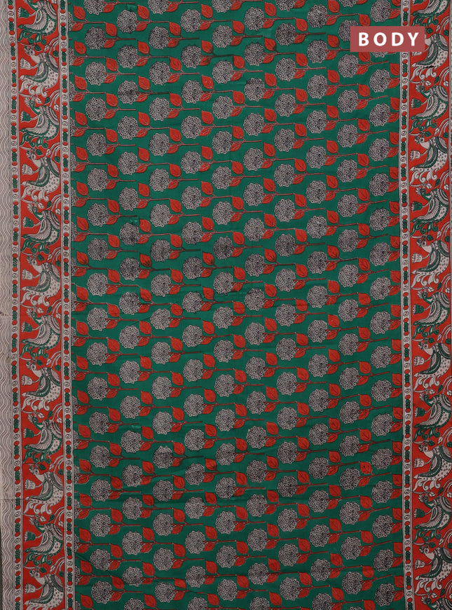 Kalamkari cotton saree green and orange with allover prints and printed border