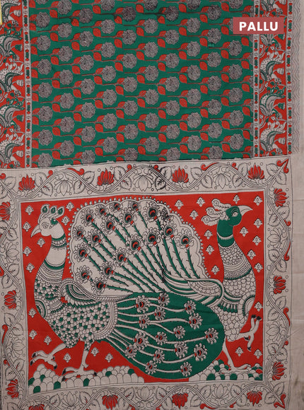 Kalamkari cotton saree green and orange with allover prints and printed border