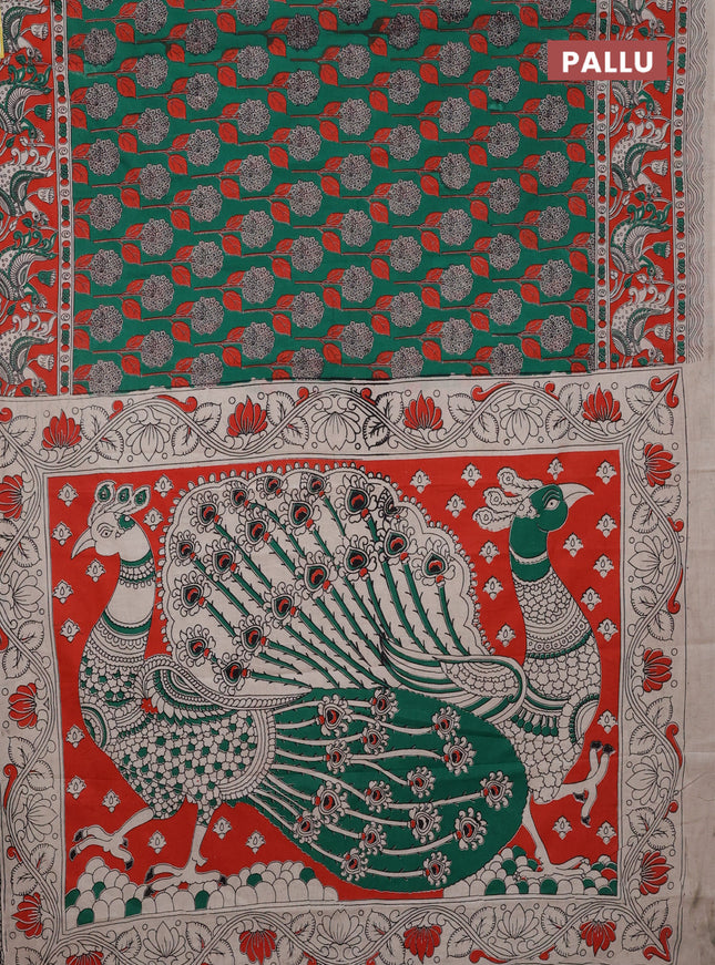 Kalamkari cotton saree green and orange with allover prints and printed border